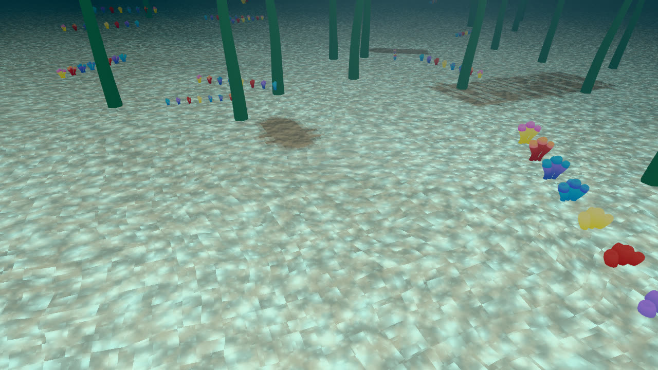 Caustics on the sea floor, dark under the hull