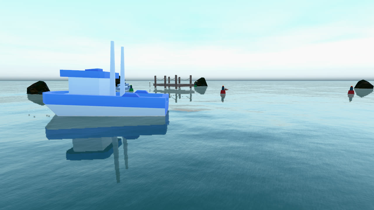 A fishing trawler under way among channel buoys