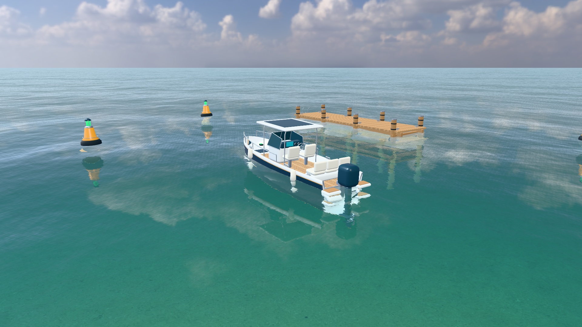 Custom Tidewater launch on reflective coastal water beside a timber jetty