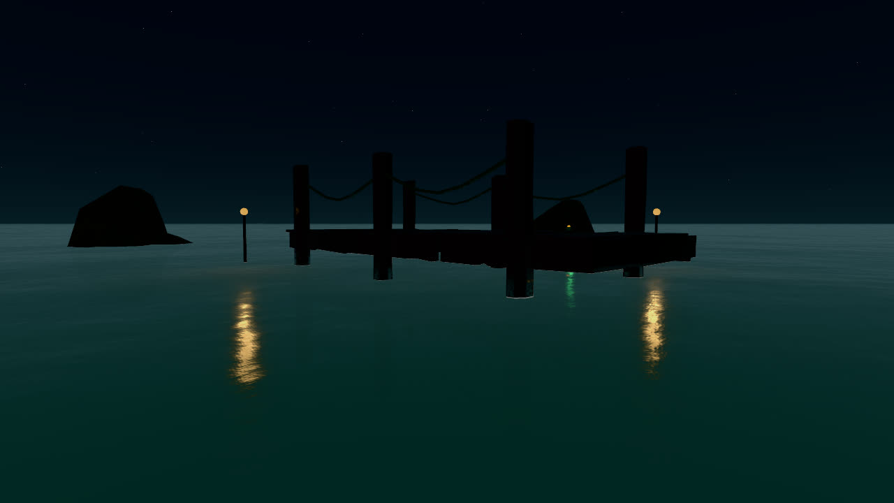 Dock lamps glinting on dark water at night