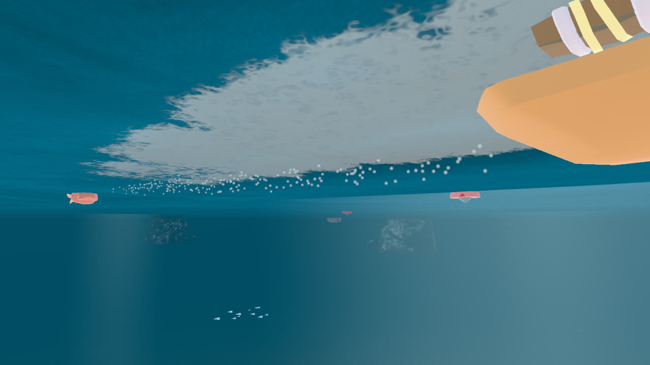 Bubble trail behind a speeding hull seen from below