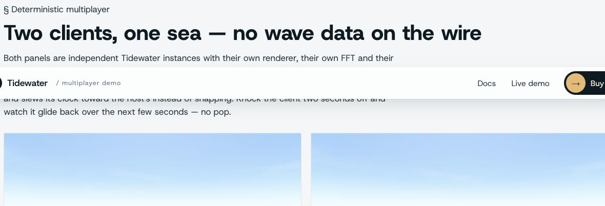 Two independent Tidewater clients side by side rendering the identical sea state