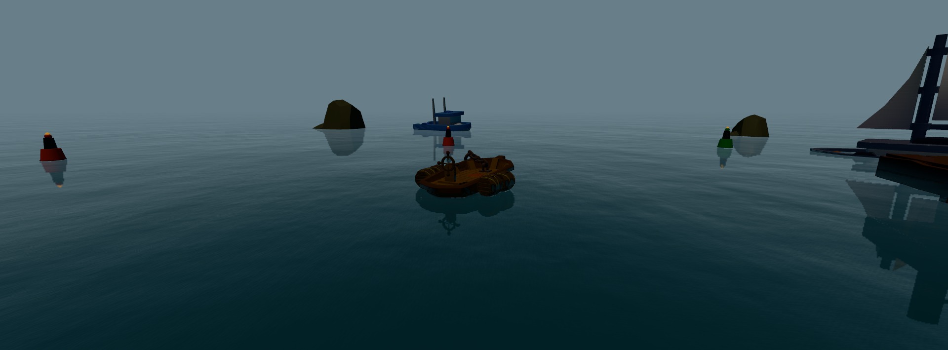 Reef cove at noon: teal-blue calm bay framed by a dock on the left and rocky outcrops, with a small buoy bobbing in the centre.
