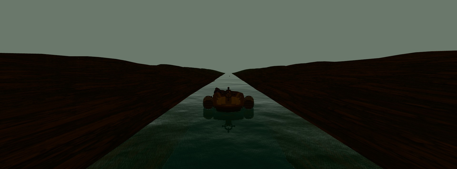 River preset — boat between two rocky banks with a +Z flow