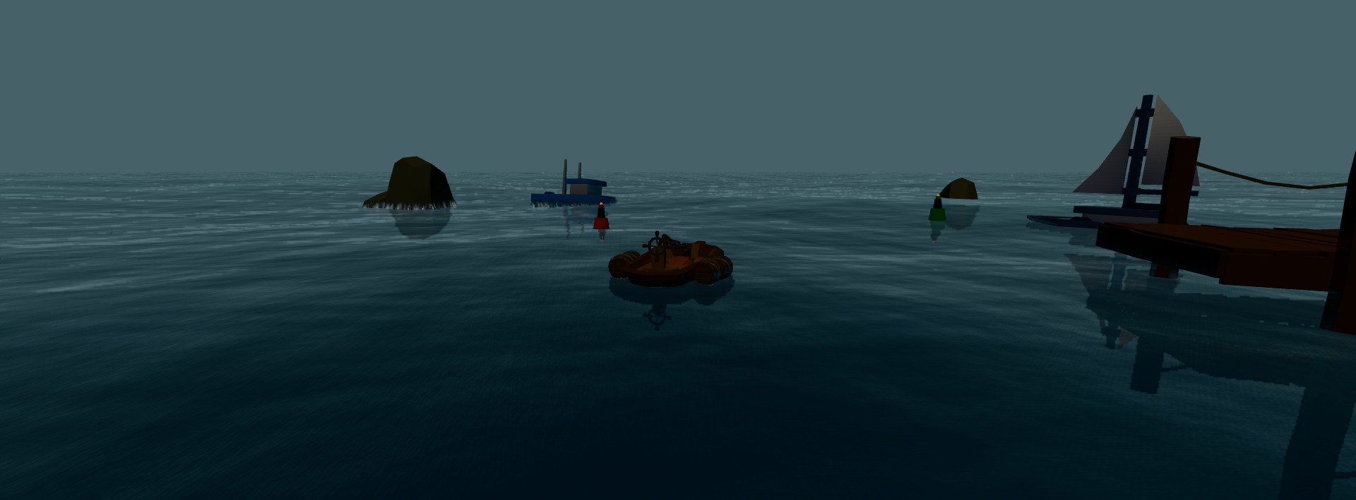 Rolling deep-ocean swells under a clear blue sky, a sail ship and rocks reflecting on the heave.